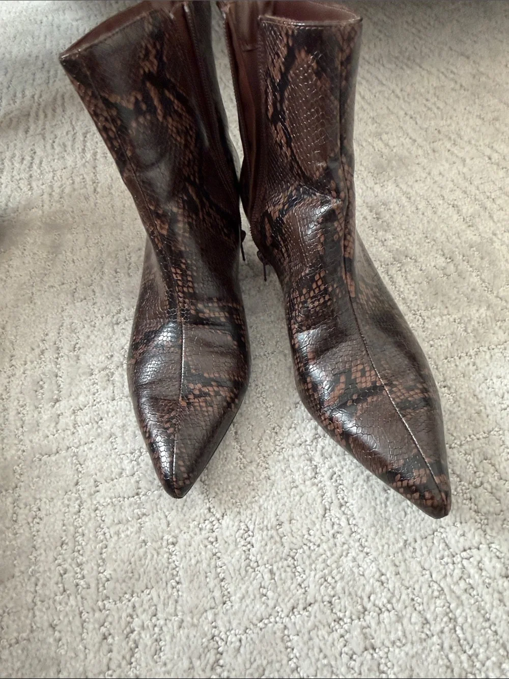 London Fog Brown Snake-Print Pointed Toe Ankle Boots